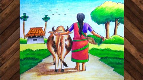 Village Scenery Drawing With Human Figure And Animalhow To Draw