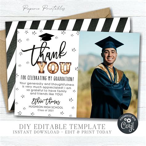 A Graduation Thank Card With An Image Of A Man In A Cap And Gown On It