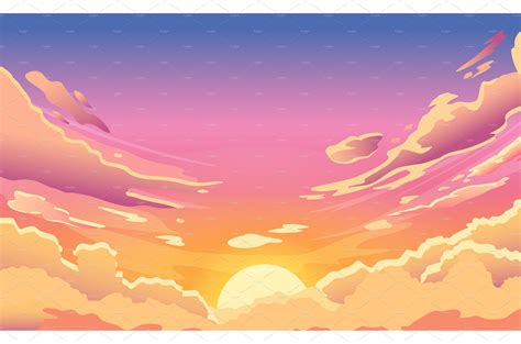 Sunset Sky Cartoon Summer Sunrise Illustrations ~ Creative Market