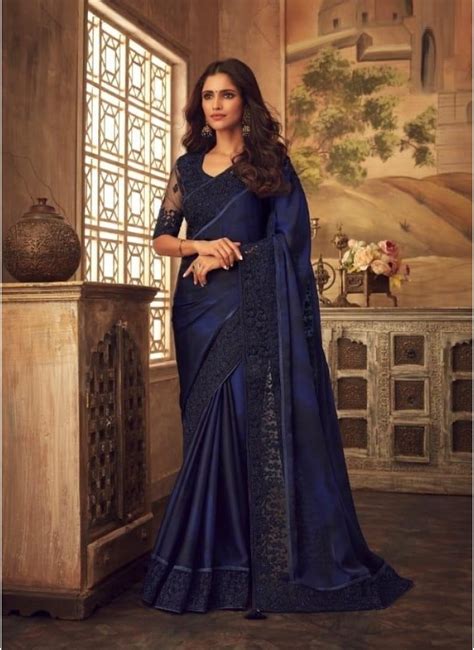 dark royal blue silk saree indian couture
