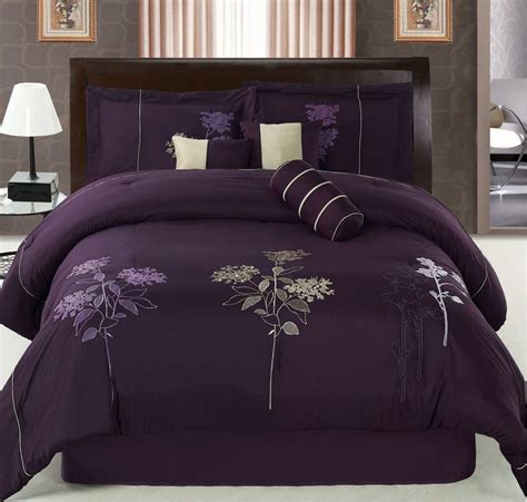7pcs Queen Purple Floral Embroidered Comforter Set Purple Bedding