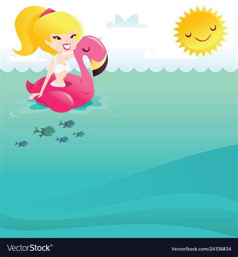 Cartoon Retro Happy Bikini Girl On Flamingo Float Vector Image