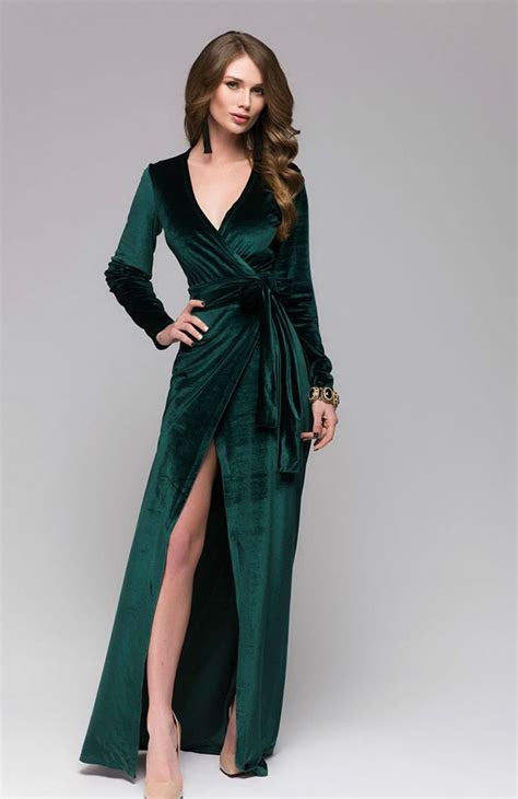Emerald Green Long Sleeve Velvet Dress Sites Cheap Ladies Dresses Clothes Low Price Sexy