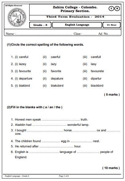 Test Paper 4th Grade Interactive Worksheet Grade 4 Vocabulary
