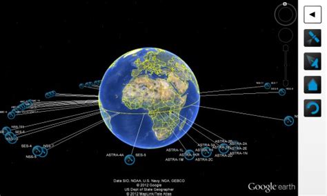 A world map of the positions of satellites above the earth's surface, and a planetarium view showing where they appear in the night sky. Viewing satellites with Google Earth - Google Earth Blog