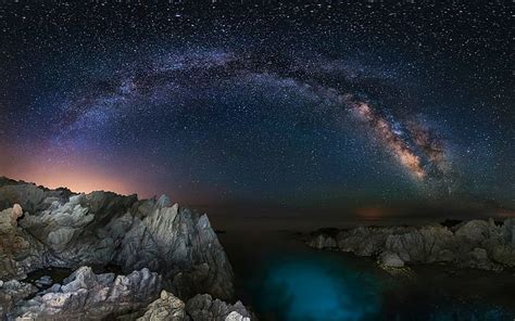 Hd Wallpaper Landscape Coast Sea Milky Way Sky Starry Night Rock