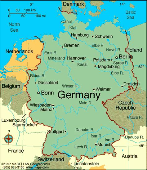 Alemania está situada en una posición central en europa, a caballo entre el este y el oeste. Mapa de Alemania Imagen | Mapa de Alemania Ciudades
