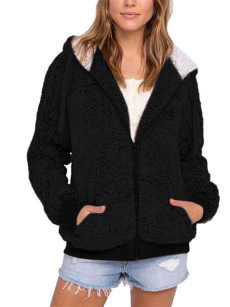 Lallc Womens Teddy Bear Zip Up Hooded Coat Winter Warm Loose Faux