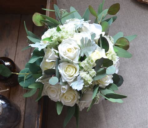 Ivory Roses Eucalyptus Silk Bridal Bouquets Real Touch Roses Etsy