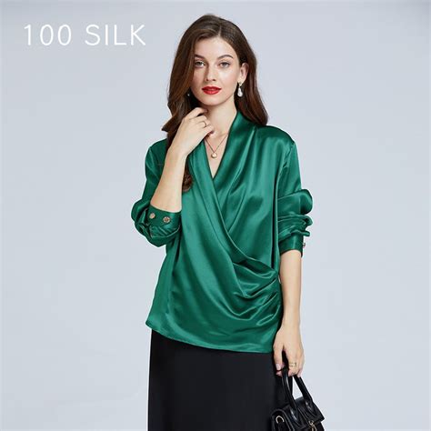 Womens Silk Long Sleeve V Neck Pullover Casual Tops