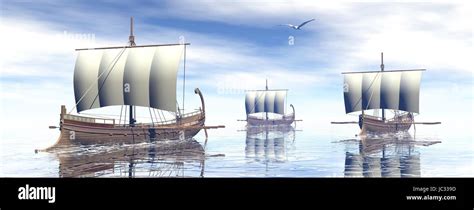Three Ancient Greek Boats Floating On The Ocean By Day 3d Render