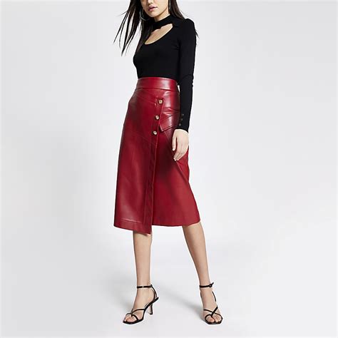 Red Faux Leather Wrap Midi Skirt River Island