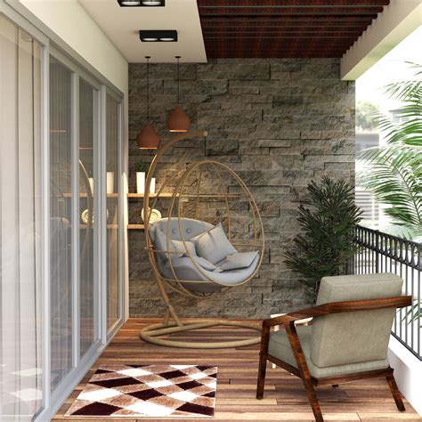 Modern Balcony Design With Stone Cladded Wall And Wooden Flooring Livspace