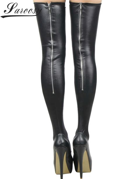 Super Deal Black Leather Stockings Erotic Back Zipper Women Thigh High