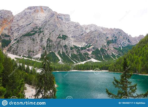 Lake Lago Di Braies In Dolomiti Mountains Italy Stock Image Image Of