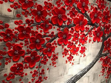 Red Cherry Blossom Tree Painting Large Impasto Abstract Art Etsy