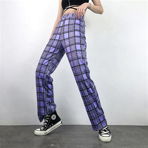 Aesthetic Style Purple Plaid High Waist Pants Cosmique Studio