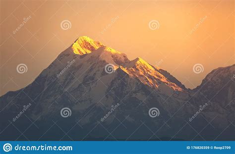 Himalaya Mountain Snow Peak Trishul In Close Up View At Dawn As Seen