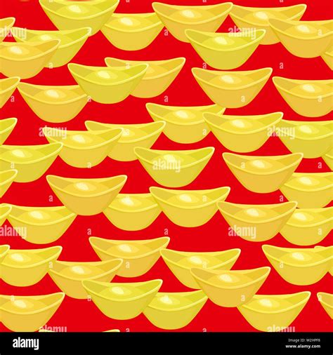 Seamless Pattern Chinese Golden Ingot On Red Background Chinese Gold