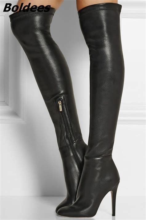 buy women chic black pu leather stiletto heel knee high boots simply design