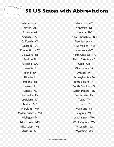 List Of 50 Us States Printable