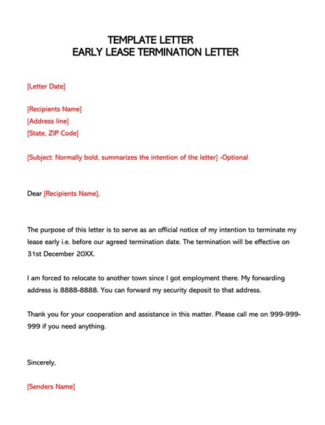 sample early lease termination letter tenant to landlord