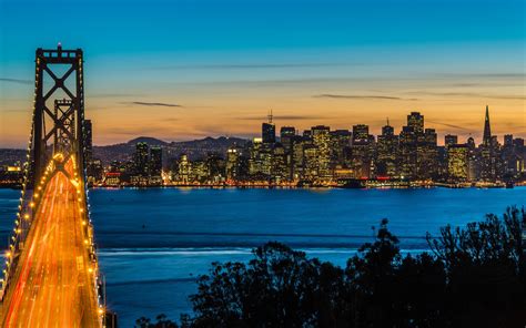 Bay Bridge Oakland San Francisco California Usa Night City Lights