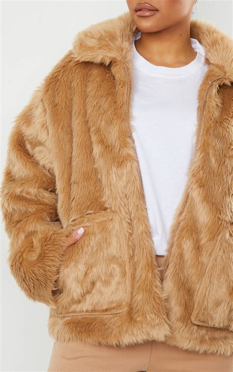 camel long faux fur pocket front jacket prettylittlething