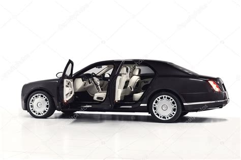 Black Luxury Sedan Car Exterior Side View With Open Doors And White