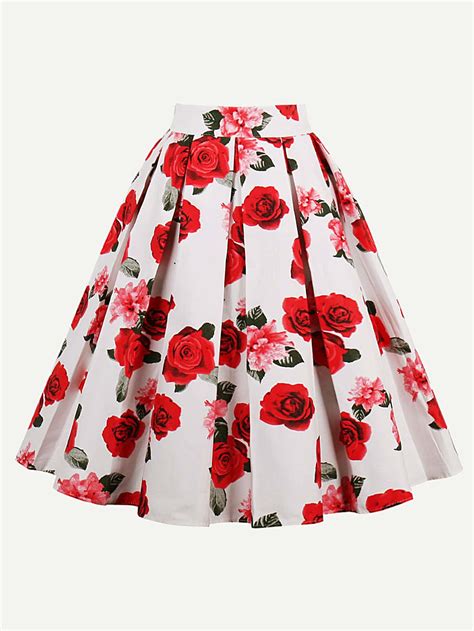 All Over Rose Print Box Pleated Skirt Sheinsheinside