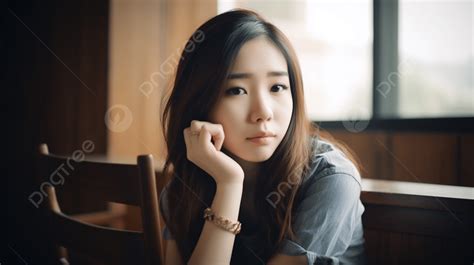 그녀의 턱에 손으로 앉아 아시아 소녀 캐주얼에 앉아 성인 여성의 아름다움 고화질 사진 사진 볼 배경 일러스트 및 사진 무료