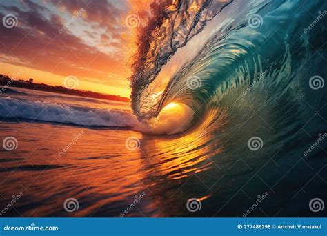 Colorful Sunset Barrel Wave For Surfing Stock Illustration