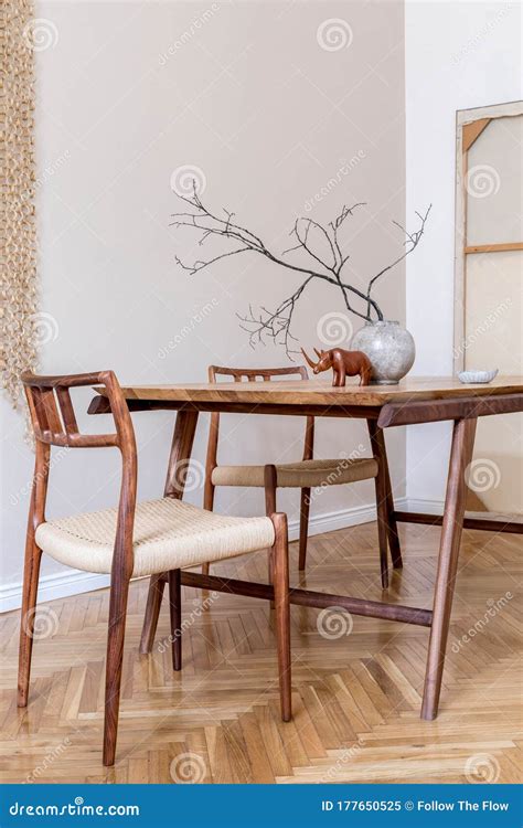 Stylish Dining Room In Japandi Interior Design Style Stock Image