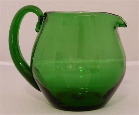 Vintage Hand Blown Forest Green Glass Pitcher With Applied Handle Green Glass Hand Blown Glass