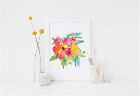 Exotic Flowers Summer Vibe Poster Hibiscus Tropical Leaves Print Wall