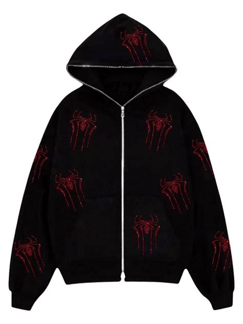 Womens Sweatshirts Halloween Coat Rhinestones Skull Spider Print Long