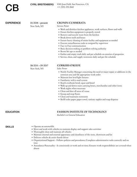 Porter Resume Samples Velvet Jobs