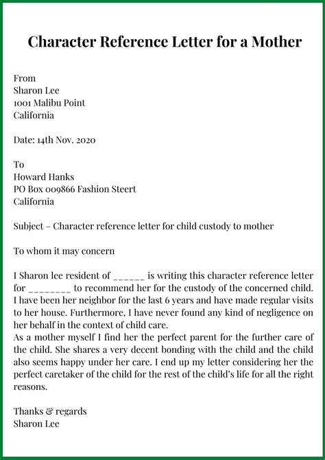 Sample Character Reference Letter For A Mother