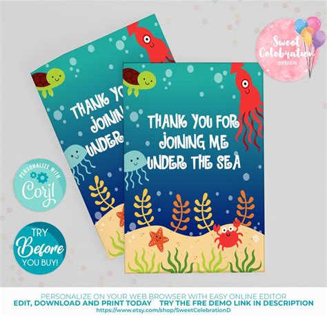 Under The Sea Thank You Editable Cards Instant Download Etsy
