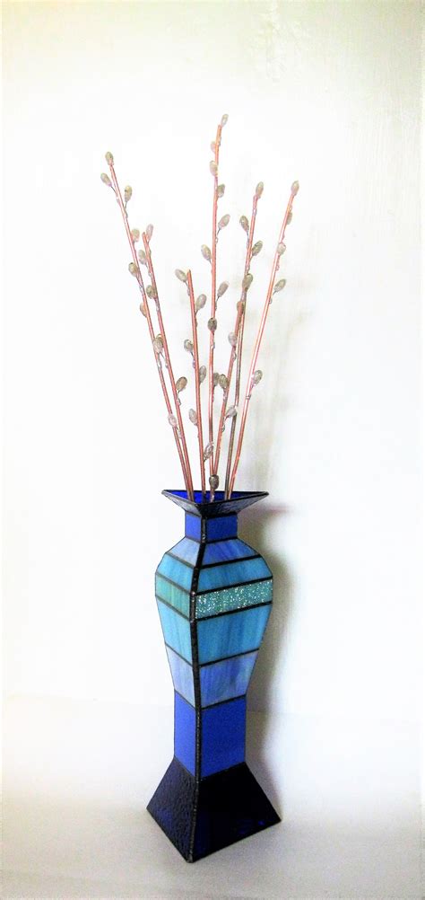 Buy Hand Made Pussy Willows In Modern Blue Vase Stained Glass And