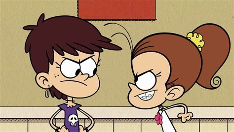 Two Cartoon Characters Standing Next To Each Other In A Room With Red