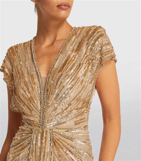 Womens Jenny Packham Gold EXCLUSIVE Embellished V Neck Gown Harrods CountryCode