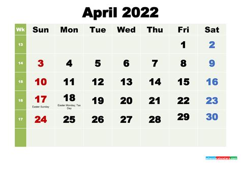 Free Printable April 2022 Calendar With Holidays