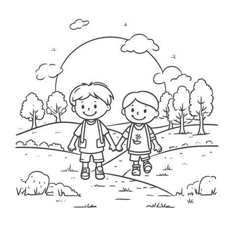 Deux Enfants Marchant Dans Un Parc Coloriage Contour Croquis Dessin