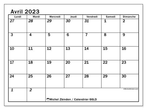Calendrier Avril 2023 à Imprimer “501ld” Michel Zbinden Ch