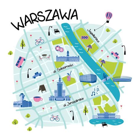 Cute Map Of Warsaw City Maps Illustration Map Illustrated Map