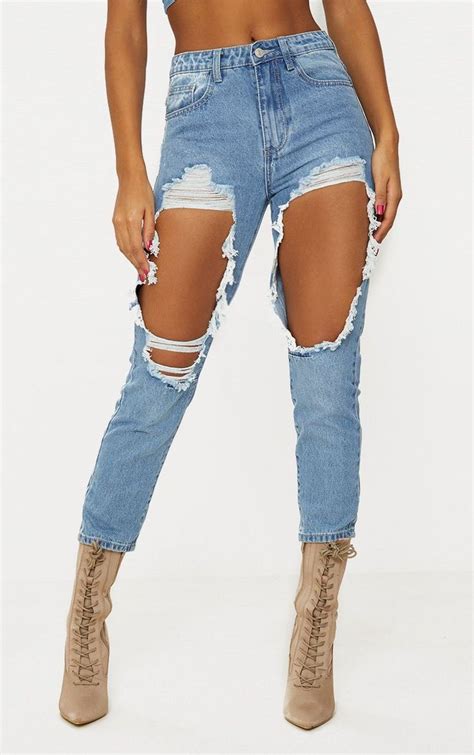 Mid Wash Mom Extreme Rip Jean Extreme Ripped Jeans Ripped Jeans