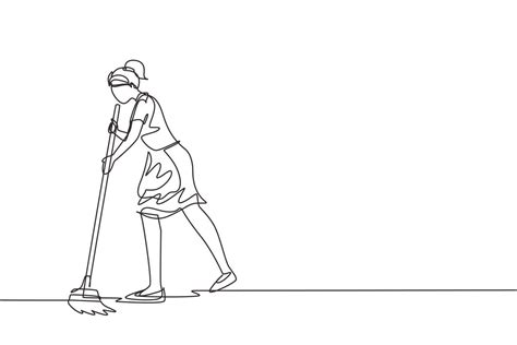 Single Continuous Line Drawing Female Mopping Floor At Office Cleaning