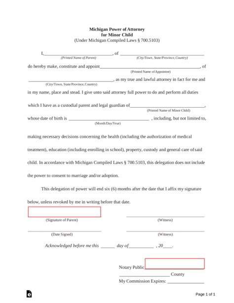 Free Michigan Power Of Attorney For Minor Child Form Pdf Word Eforms