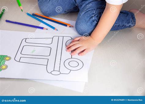 Child Coloringlittle Boy Drawing With Colored Pencils At Home Stock